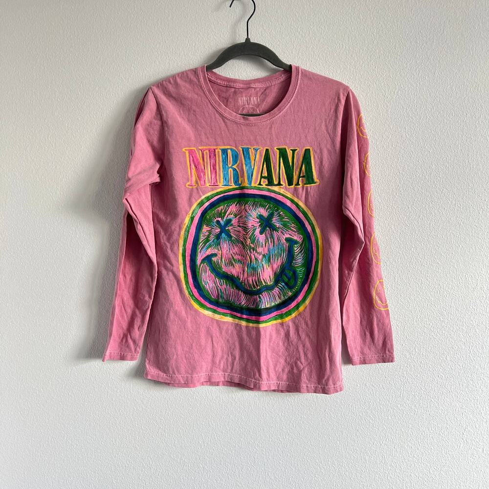 Nirvana Pink Long-Sleeve Smiley Face Tee M 90s Grunge Rainbow Paint Brush
